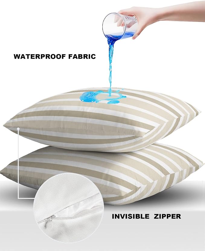 Outdoor Waterproof Throw Pillow Covers Set of 2 Khaki Beige Stripes Decorative Outdoor Pillows Cushion Case 26x26 Inch Classic Striped Patio Pillows for Couch Sofa Bed Garden Office Home Decor