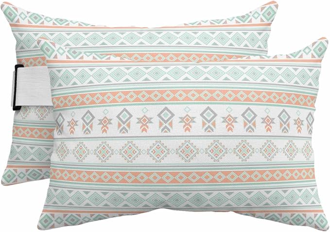 Outdoor Lumbar Pillow Set of 2, Light Green Boho Striped Waterproof Beach Headrest Pillow with Inserts, Southwestern Ethnic Tribe Vintage Recliner Throw Pillows for Patio Furniture, 11 x 16