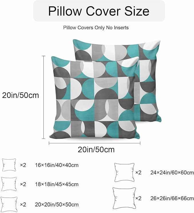 Vandarllin Outdoor Throw Pillows Covers 24x24 inch Set of 2 Waterproof Mid Century Geometric Decorative Zippered Cushion Covers for Patio Furniture, Abstract Modern Teal Lumbar Pillowcases