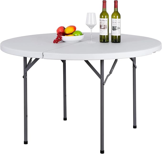 48" Round Folding Table Plastic Card Table Circle Dining Table Heavy Duty Portable w/Handle for Picnic Party Camping Dining Wedding Event Indoor Outdoor Lightweight White