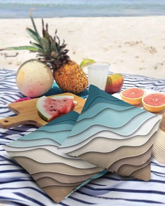 Outdoor Pillows 18x18 Waterproof Outdoor Pillow Covers Ombre Stripes Turquoise Brown Polyester Throw Pillow Covers Garden Cushion Decorative Case for Patio Couch Decoration Set of 2 Abstract Striped