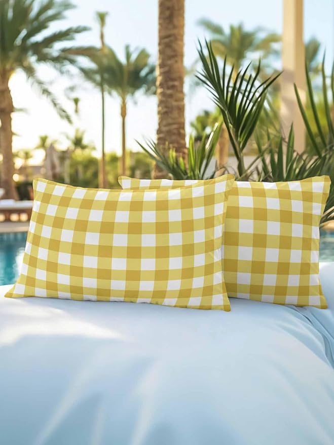 Waterproof Outdoor Pillow Set of 2 Yellow Buffalo Plaid Decorative Throw Pillows Cover & Insert 20x12 Inch Lumbar Pillowcase Check Lines Pillows for Couch Sofa Bed Patio Furniture Indoor Outdoor