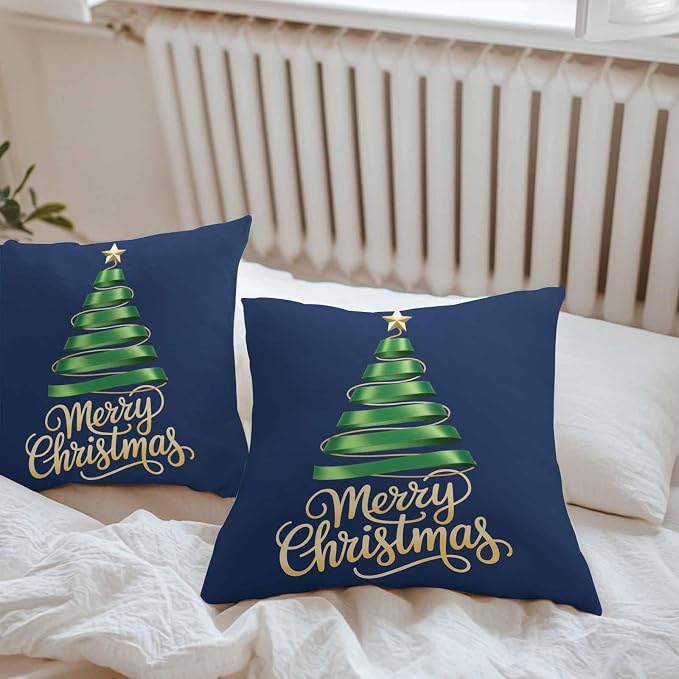 Navy Blue Christmas Tree Outdoor Pillow Covers 24 x 24 Inches, Green Xmas Tree with Star Waterproof Throw Pillow Cover Set of 2, Christmas Blue Decorative Square Cushion Covers for Patio/Couch
