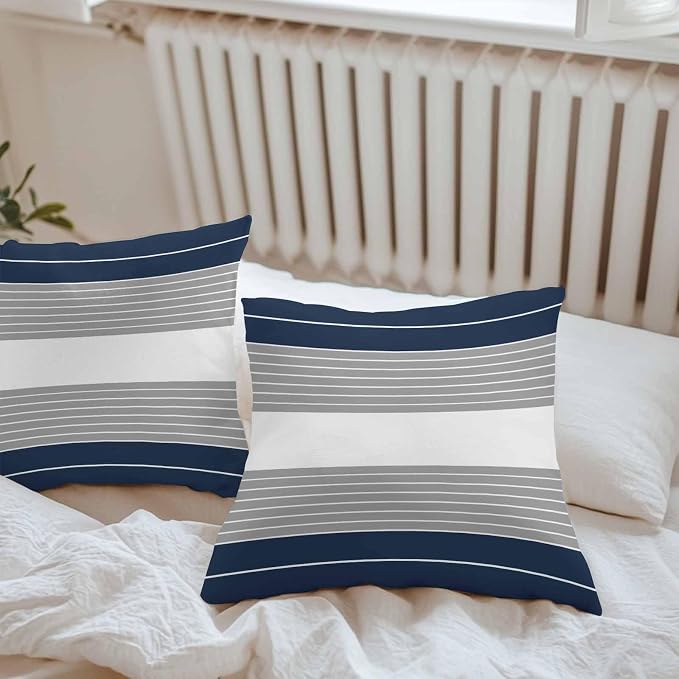 Navy Blue Grey Stripe Outdoor Pillow Covers Waterproof, All Weather Cushion Case Set of 2, Modern Art Horizontal Striped Decorative Pillowcases for Sofa Couch Bed Decor Patio Furniture 18"x18"