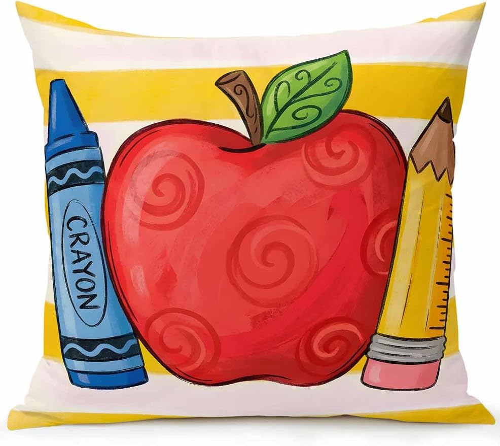 1 Pack Outdoor Throw Pillow, Children's Day Waterproof Pillow with Insert Included, Funny Cartoon Pencil Yellow Striped Decorative Accent Cushion Sofa Pillows for Patio Porch, 18 x 18 in