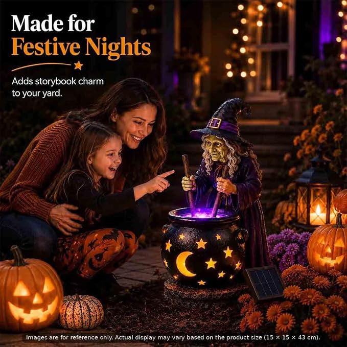 Solar Witch & Glowing Cauldron Halloween Garden Light ，1pc | Solar-powered Halloween Solar Light with glowing cauldron, automatic dusk lighting for garden, porch and pathway décor.