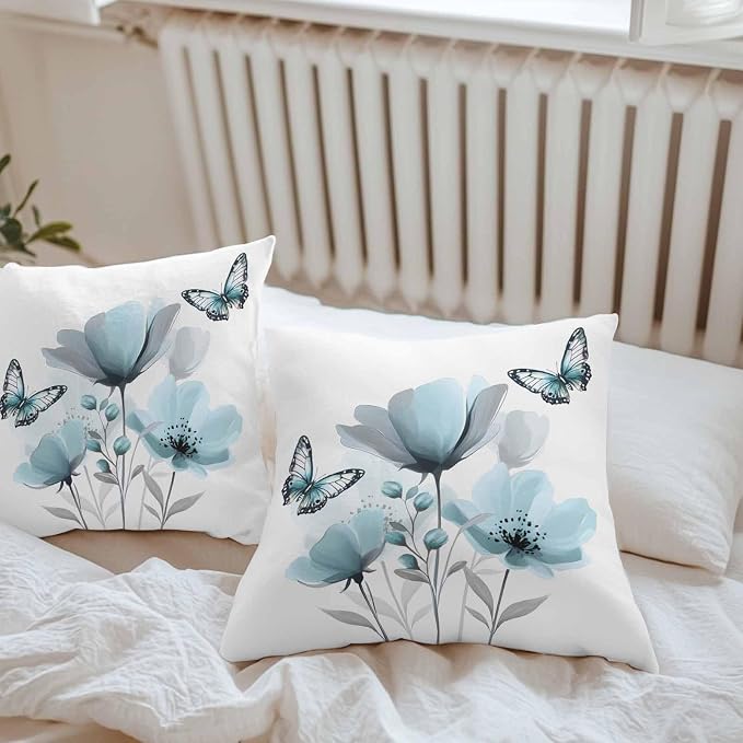 Spring Blue Tulip Waterproof Outdoor Pillow Covers Set of 2 Home Decor, Pastoral Botanical Florals Simple Pillowcase Patio Pillow Covers for Couch Bench Furniture Garden 16x16in