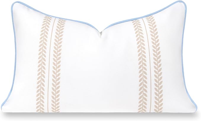 Hofdeco Premium Coastal Hampton Patio Indoor Outdoor Lumbar Pillow Cover Only, 12"x20" Water Repellent for Backyard, Couch, Poolside, Neutral Tan Blue Print Leaf Striped