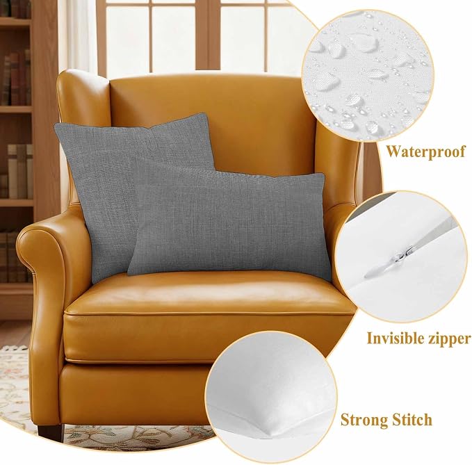 Outdoor Waterproof Throw Pillow Covers Set of 2 Grey Linen Pillowcases 18x18 Inches Farmhouse Pure Color Decorative Pillows Cushion Case Patio Pillows for Couch Bed Chair Garden