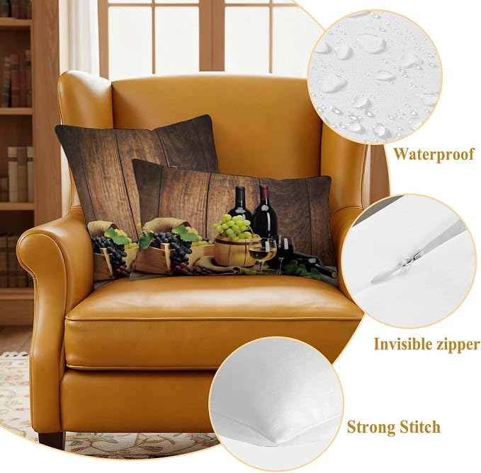 Outdoor Pillow Covers 18 x 18 Inches, Red Wines Waterproof Throw Pillow Cover Set of 2, Champagne Grapes Galsses Country Wooden Plank Decorative Square Cushion Covers for Patio/Couch/Garden
