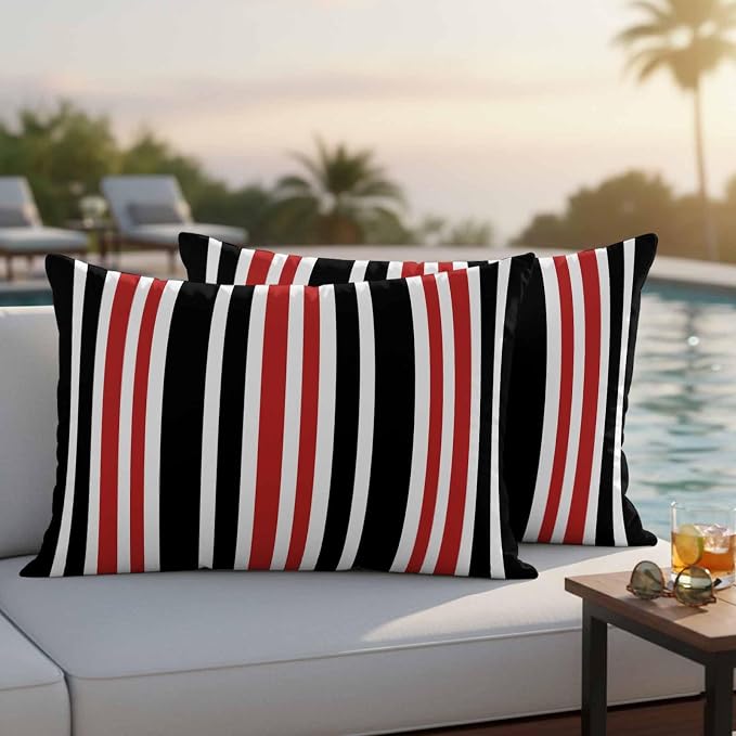 Red Black Stripe Outdoor Pillow Covers 20x12 Inch Lumbar Pillow Covers Set of 2 Waterproof Decorative Throw Pillow Cases Farmhouse Minimalist Striped Cushion Covers for Patio Furniture Garden Couch