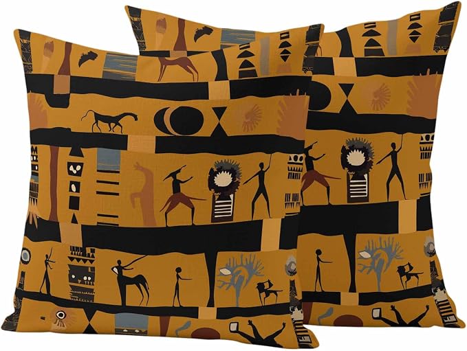 Outdoor Pillow Covers Waterproof, African Ethnic Decorative Square Throw Pillowcases Patio Cushion Covers for Tent/Garden, 20" x 20" 2 Pack, Vintage Ethnic Tribes Richness Brown