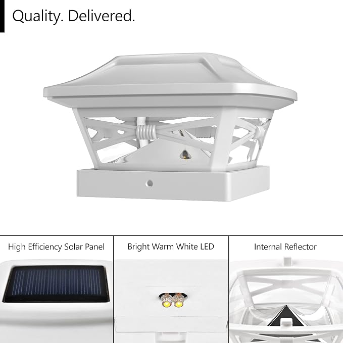 Davinci Renaissance Solar Outdoor Post Cap Lights, 4x4 5x5 6x6, Bright, 8PK | Pearl White, fence/deck/garden/patio posts, UV fade-protected plastic, auto-on, 7-8h runtime, cordless, IP44, 25lm warm white