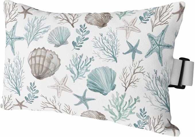 Teal Coastal Outdoor Pillows with Insert 12x20 Inch Summer Starfish Shell Coral Nautical Waterproof Headrest Pillows with Adjustable Strap Lounger Chair Throw for Patio Furnitures, 1 Pack