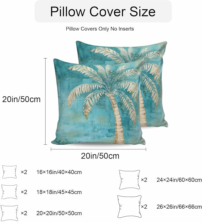 Coastal Beach Tree Green Outdoor Waterproof Pillow Covers, Vintage Tropical Flower Plant Decorative Square Throw Pillowcase Sofa Cushion Sham for Patio/Couch/Chair, 20"x20" 2 Pack