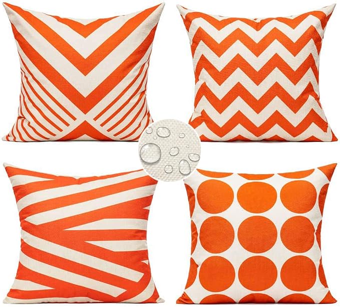 All Smiles Outdoor Waterproof Throw Pillow Covers 18X18 Set of 4,Orange Decorative Cushion Covers Boho Decorations Outside for Patio Furniture Porch Seat Chair Couch Sofa Living Room Geometric