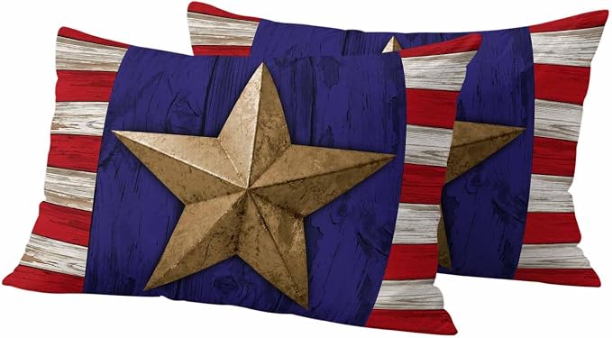 4th of July Outdoor Throw Pillows Covers 20x12 inch Set of 2 Waterproof Patriotic Stars Stripes Decorative Zippered Cushion Covers for Patio Furniture, Red White Blue Wood Grain Lumbar Pillowcases