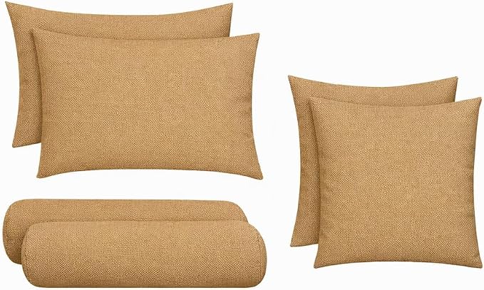 RSH DECOR: 6-Pack Pillow Set | Sunbrella Performance Fabric |Water & Fade-Resistant| 17" Square, 20"x12" Lumbar, 20"x6" Neck Roll | Outdoor Throw Pillows | Made in USA (Sailcloth Sienna Tan)