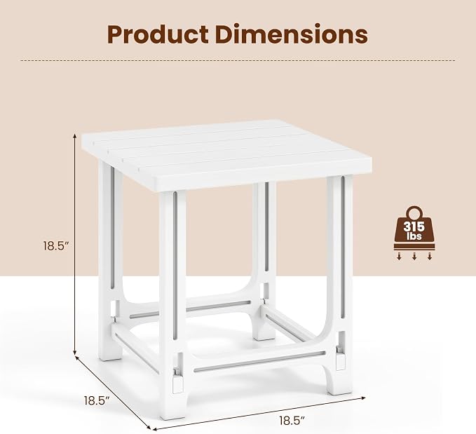 Tangkula Outdoor Adirondack Side Table Set of 2, 18" Heavy Duty HDPE Patio End Table with Slatted Surface, 0-Screw Assembly, Easy Maintenance, Small Side Table for Porch, Pool, Garden, Deck (White,2)