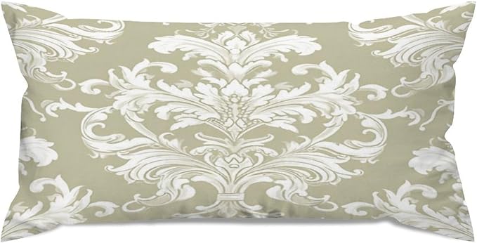Set of 2 Tan Off Green White Damask Pattern Print Pillow Covers 12x24in Farmhouse Canvas Cushion Covers Outdoor for Couch Chair Home Decor for Family Friends