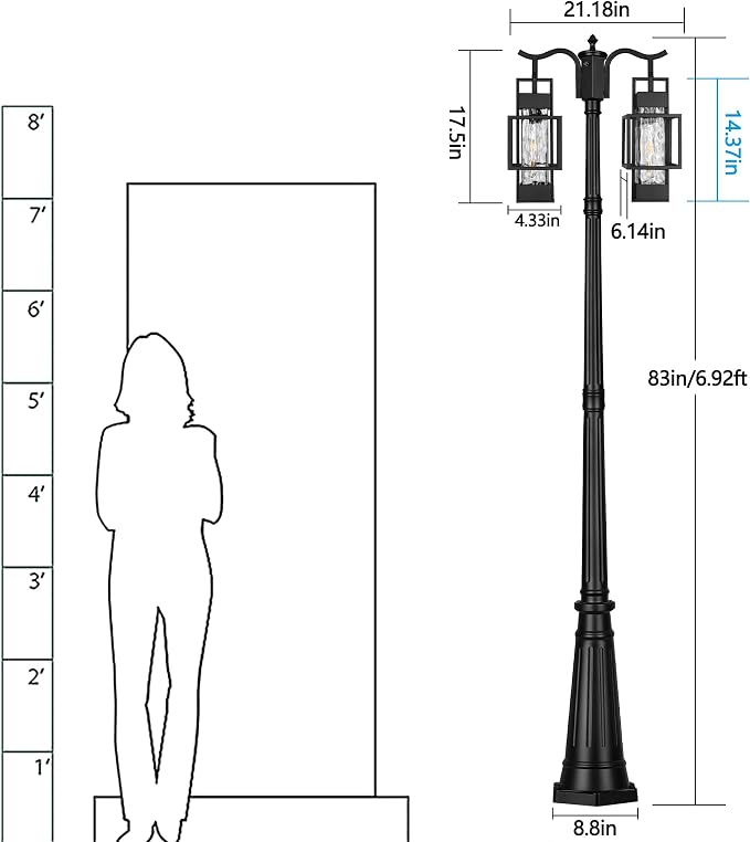 Dusk to Dawn Outdoor Lamp Post Light 2-Head, Hardwired Street Light Post for Outside Metal Pole Light Outdoor Lighting with Water Glass Shade for Garden Patio Backyard Walkway Driveway