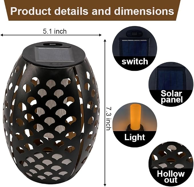 2PCS Solar Table Lanterns Flickering Flame Waterproof Black Shell | Metal Hollow Black Shell, Waterproof, 7.3" H, Ideal For Tabletop Garden Patio Decor