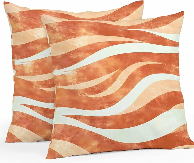 Burnt Orange Waves Waterproof Outdoor Pillow Covers Set of 2 Home Decor, Ombre Sea Ripples Shabby Beach Pillowcase Patio Pillow Covers for Couch Bench Furniture Garden 16x16in