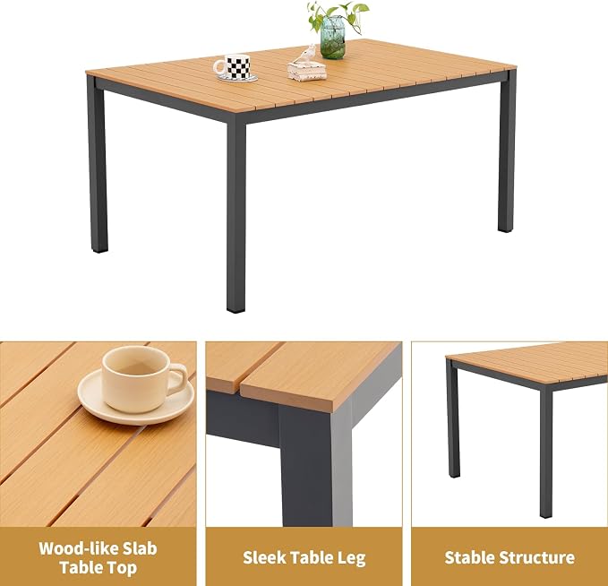 Outdoor Dining Table for 4-6 People Weather-Resistant Rectangle Patio Dining Table with Aluminum Frame for Garden Backyard Porch, Grey