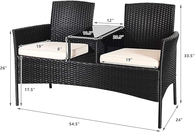 HAPPYGRILL Rattan Wicker Loveseat with Coffee Table Outdoor Patio Loveseat Conversation Sofa Furniture with Cushions for Garden Lawn Backyard Porch