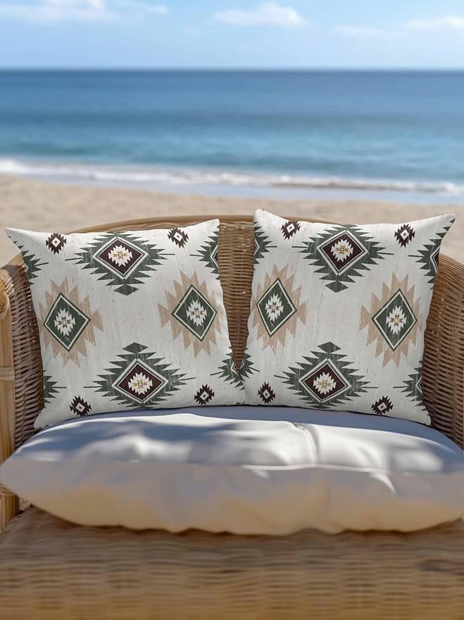 Waterproof Outdoor Pillow 1 Pack Sage Green Boho Aztec Decorative Throw Pillows Cover & Insert 16x16 Inch Pillowcase Southwest Tribal Style Pillows for Couch Sofa Bed Patio Furniture Indoor Outdoor