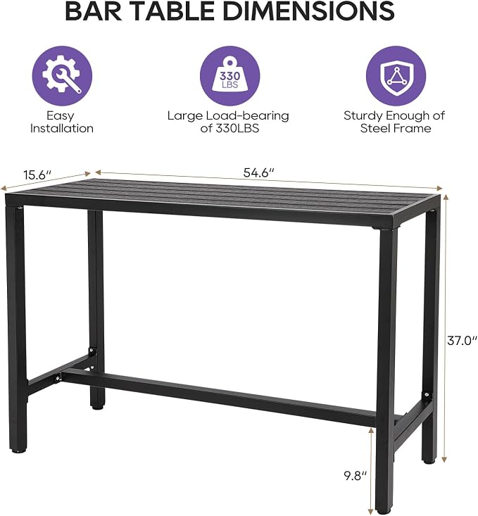 Outdoor Bar Table, 55" Black Patio Counter Height Bar Table, Outdoor Console Table with Weather Resistant Waterproof Top for Hot Tub, Balcony, Garden, Yard, Poolside,Black (Black, 55")