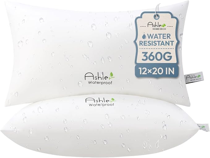 Ashler 12 x 20 Waterproof Throw Pillow Inserts Set of 2, Outdoor | Water Resistant, Hypoallergenic, Lumbar Pillows, Patio Furniture Pillows Decorative for Garden