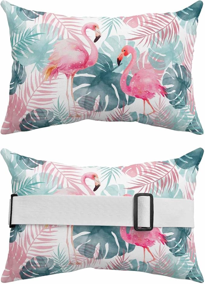 Outdoor Lumbar Pillow Set of 1, Flamingos Waterproof Beach Headrest Pillow with Inserts, Green Summer Monstera Leaves Tropical Botanical Recliner Throw Pillows for Patio Furniture, 11 x 16
