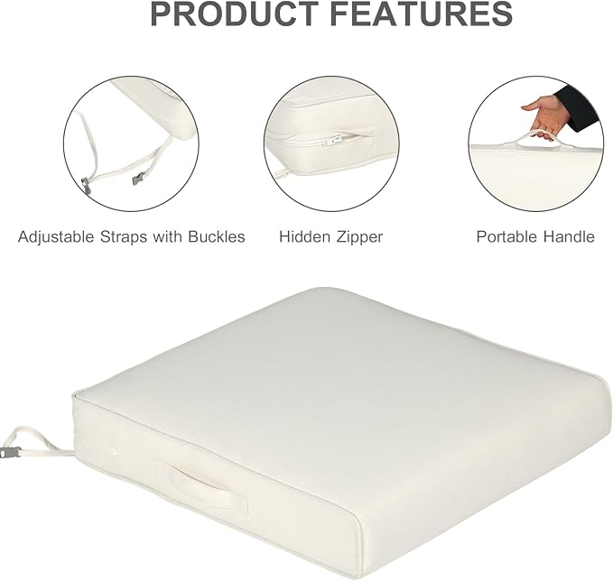 Aoodor Patio Chair Cushions Set of 2, 19 x 19 x 4 Inch Water Resistant Outdoor Seat Cushions with Handle and Ties, Square Corner Cushions for Patio Furniture Garden Lawn, Ivory