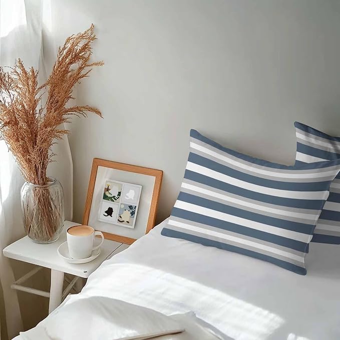 Haze Blue Stripe Outdoor Pillow Covers Waterproof, All Weather Cushion Case Set of 2, Farmhouse Blue Gray Striped Lumbar Pillowcase for Sofa Couch Bed Decor Patio Furniture 20"x12"