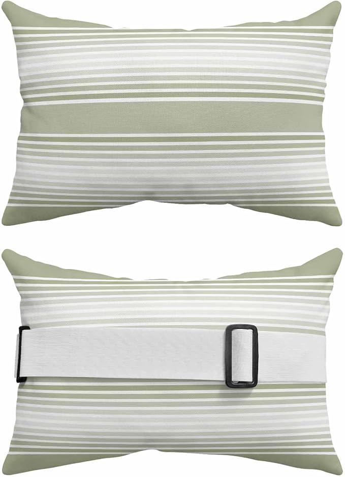 Pack of 2 Outdoor Lumbar Pillow Covers 11x16 Inch, Sage Green Striped Waterproof Throw Pillow Covers Set, Green Ombre Farmhouse Stripes Indoor&Outdoor Decorative Cushion Cases for Patio Porch Car