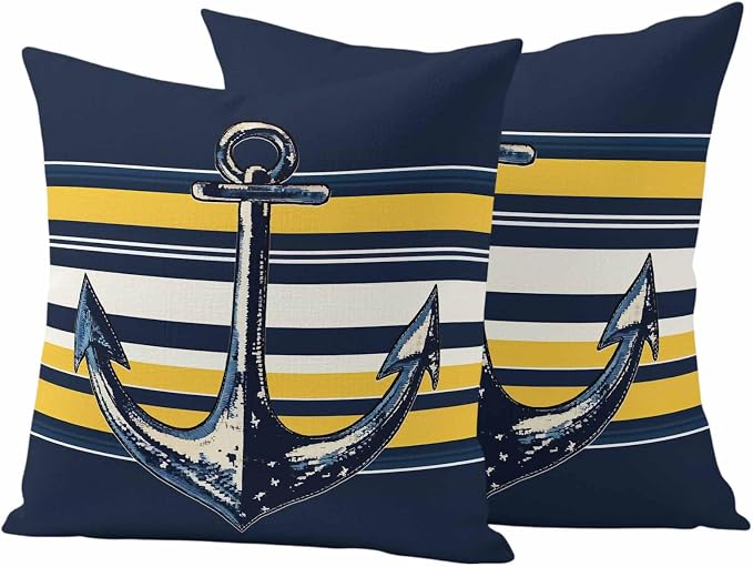 Vintage Anchor Outdoor Waterproof Pillow Covers Set of 2, Yellow Blue Striped Pillowcase Decorative Throw Cushion Cases for Patio Garden Couch 18 x 18 Inches