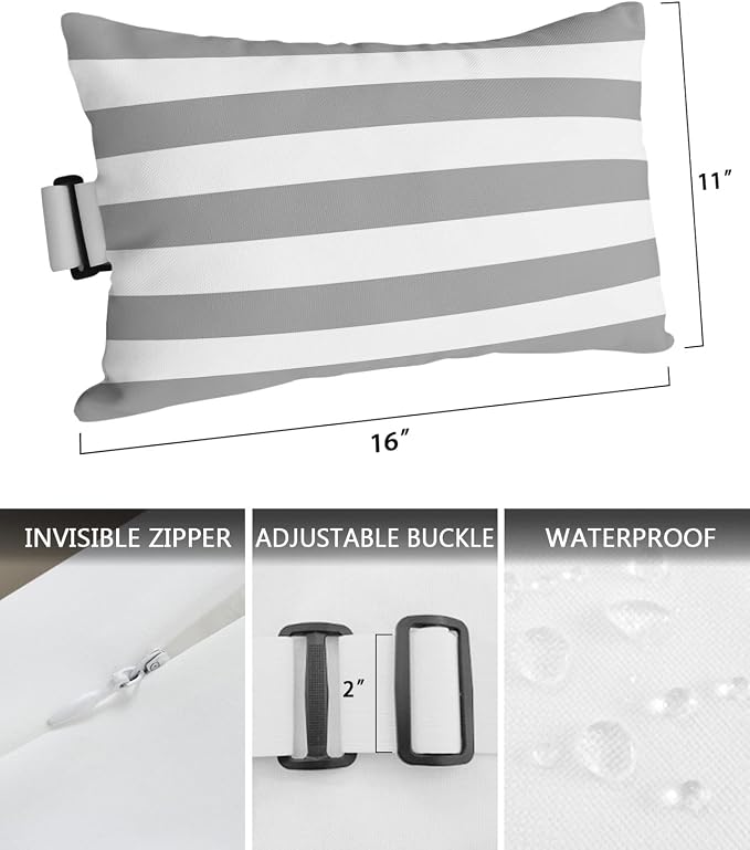T&H XHome Outdoor Pillow for Chaise Lounge Chair, Gray and White Stripe Waterproof Headrest Pillow Lumbar Pillows with Adjustable Elastic Strap for Beach, Poolside, Patio, Office (2 Pack)