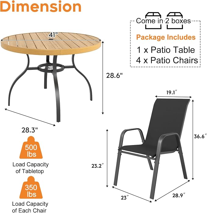 Outdoor Patio Dining Set for 4, 5 Pieces Patio Table and Chairs Set with Umbrella Hole, 41"x 41" Round Metal Wood-Grain Dining Table Set with 4 Stackable Patio Chairs for Deck , Backyard, Porch