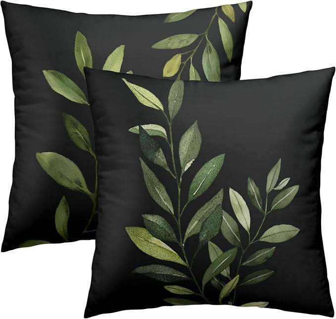 Green Leaf Throw Pillow Covers Set of 2, 20x20 Inch Spring Plants Leaves Rustic Print Black Square Pillowcases for Living Room Bedroom Sofa Couch Patio Outdoor Home Decor