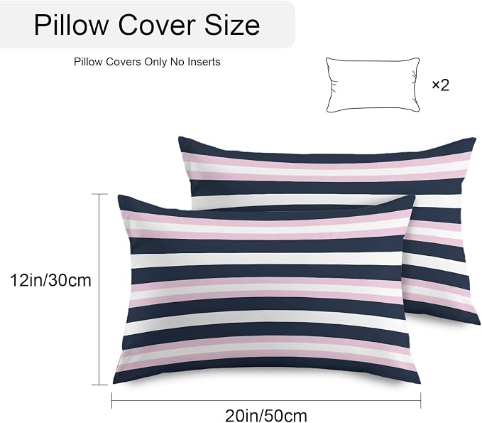 Pink Navy Blue Striped Outdoor Pillow Covers Waterproof, All Weather Cushion Case Set of 2, Minimalist Abstract Lines Artwork Lumbar Pillowcase for Sofa Couch Bed Decor Patio Furniture 20"x12"
