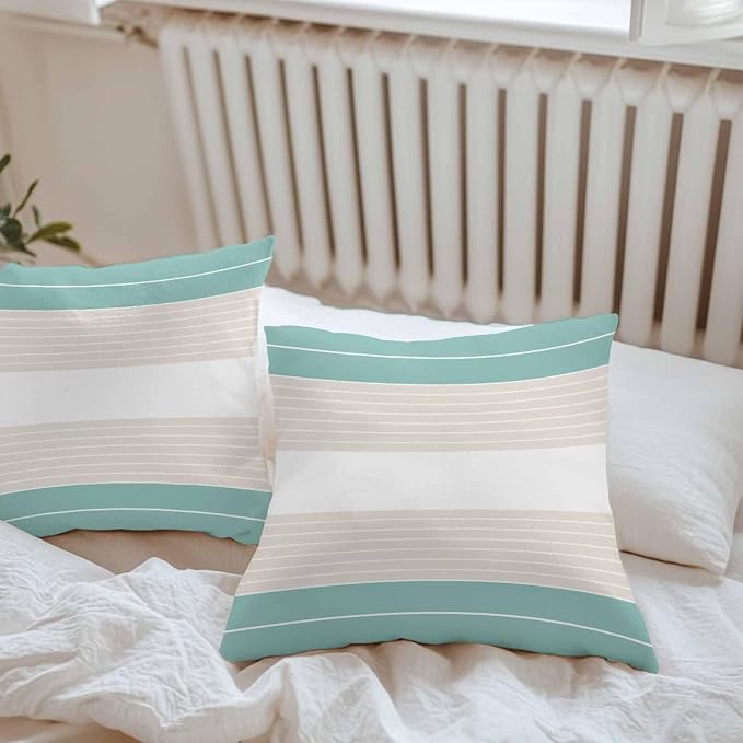 Turquoise Beige Stripe Outdoor Pillow Covers Waterproof, All Weather Cushion Case Set of 2, Modern Art Horizontal Striped Decorative Pillowcases for Sofa Couch Bed Decor Patio Furniture 16"x16"