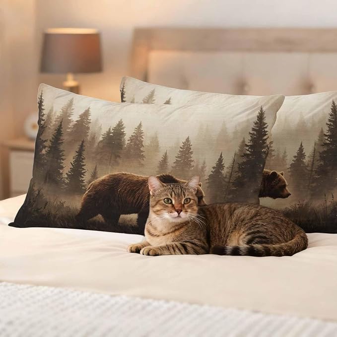 Yukro Nature Landscape Outdoor Waterproof Pillow Covers Pack of 2, Rustic Brown Bear Misty Forest Pine Tree Throw Pillowcases Decorative Cushion Covers for Garden Patio Tent Sofa Couch, 20x12 inch