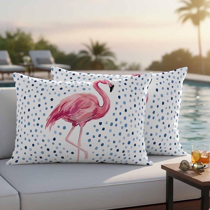 Flamingo Outdoor Waterproof Throw Pillow Covers 20 x 12 Inches Set of 2 Art Flamingo Blue Polka Dots Summer Tropical Decorative Cushion Cover Pillowcase for Garden Patio Tent Beach Sofa Couch