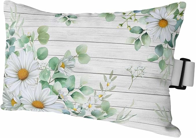Daisy Eucalyptus Leaves Outdoor Pillows with Insert 12x20 Inch Floral Spring White Wood Grain Waterproof Headrest Pillows with Adjustable Strap Lounger Chair Throw for Patio Furnitures, 1 Pack