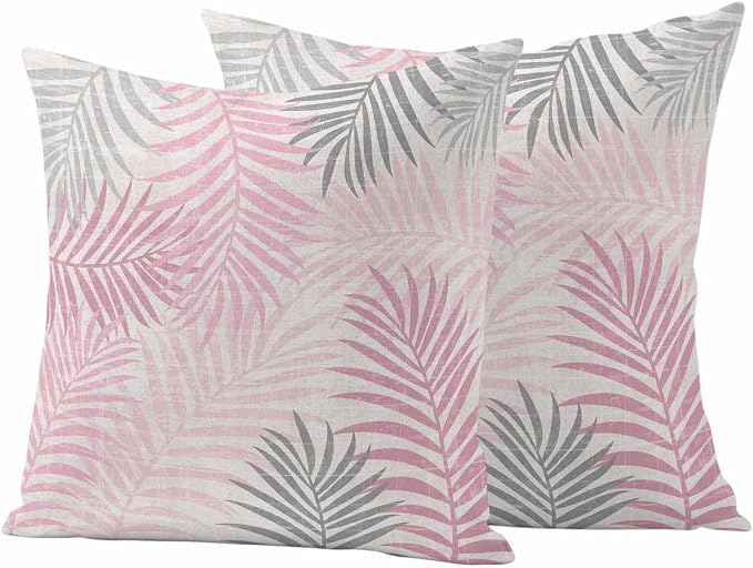 Outdoor Waterproof Throw Pillow Covers, Pink Grey Palm Leaves Decorative Pillow Cases, Summer Botanical Tropical Leaf Couch Pillow Protector Patio Sofa Cushion Covers Replacement 18"x18" 2 Pack