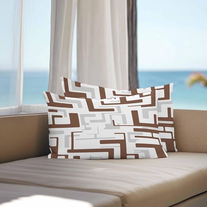 Vandarllin Outdoor Throw Pillows Covers 20x12 inch Set of 2 Waterproof Brown Geometric Stripes Decorative Zippered Cushion Covers for Patio Furniture, Modern Abstract Lines Lumbar Pillowcases