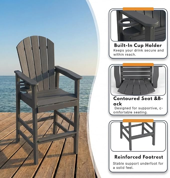 WILLIAMSPACE Patio Bar Chair Bar Stool, Outdoor All Weather HDPE Height Adirondack Chair with Armrests & Cup Holder, 1-Piece Counter Height Chair for Pool, Garden, Kitchen, ONLY 1 Chair (Grey)