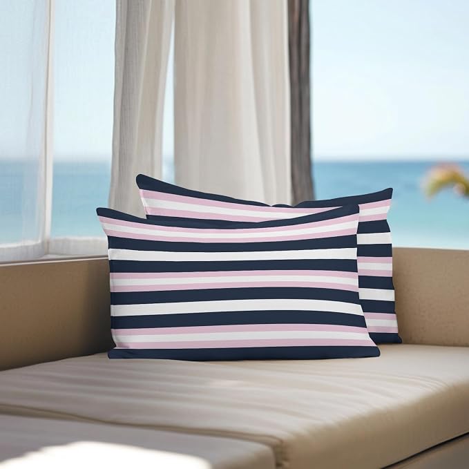 Pink Navy Blue Striped Outdoor Pillow Covers Waterproof, All Weather Cushion Case Set of 2, Minimalist Abstract Lines Artwork Lumbar Pillowcase for Sofa Couch Bed Decor Patio Furniture 20"x12"