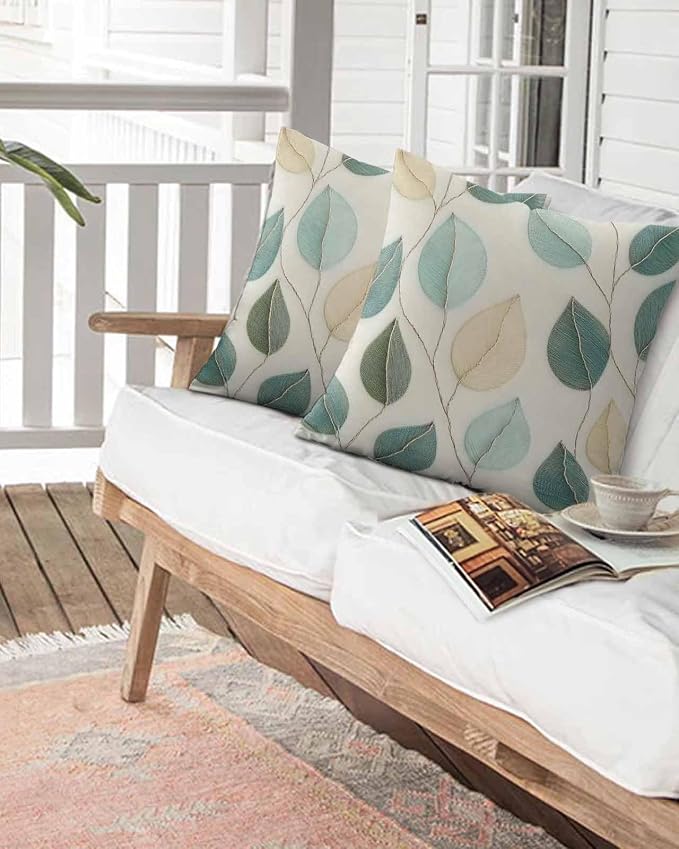 Outdoor Waterproof Throw Pillows Farmhouse Teal Green Leaf Patio Pillows Pack of 2,Decorative Pillow Covers with Insert,Pillow Cushion Case for Garden Couch Sofa Vintage Watercolor Leaves